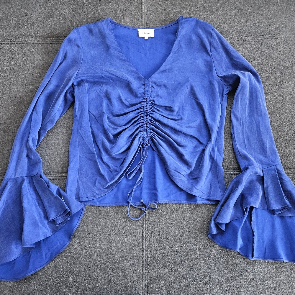 R.G. KANE Size Small Soft Blue Blouse Bell Sleeves & Scrunch Tie In Front